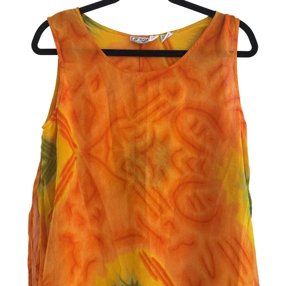 Vintage Kloz Lyne Dress Womens 90s Orange Floral Sheath Overlay Sleeveless Large - Picture 2 of 8